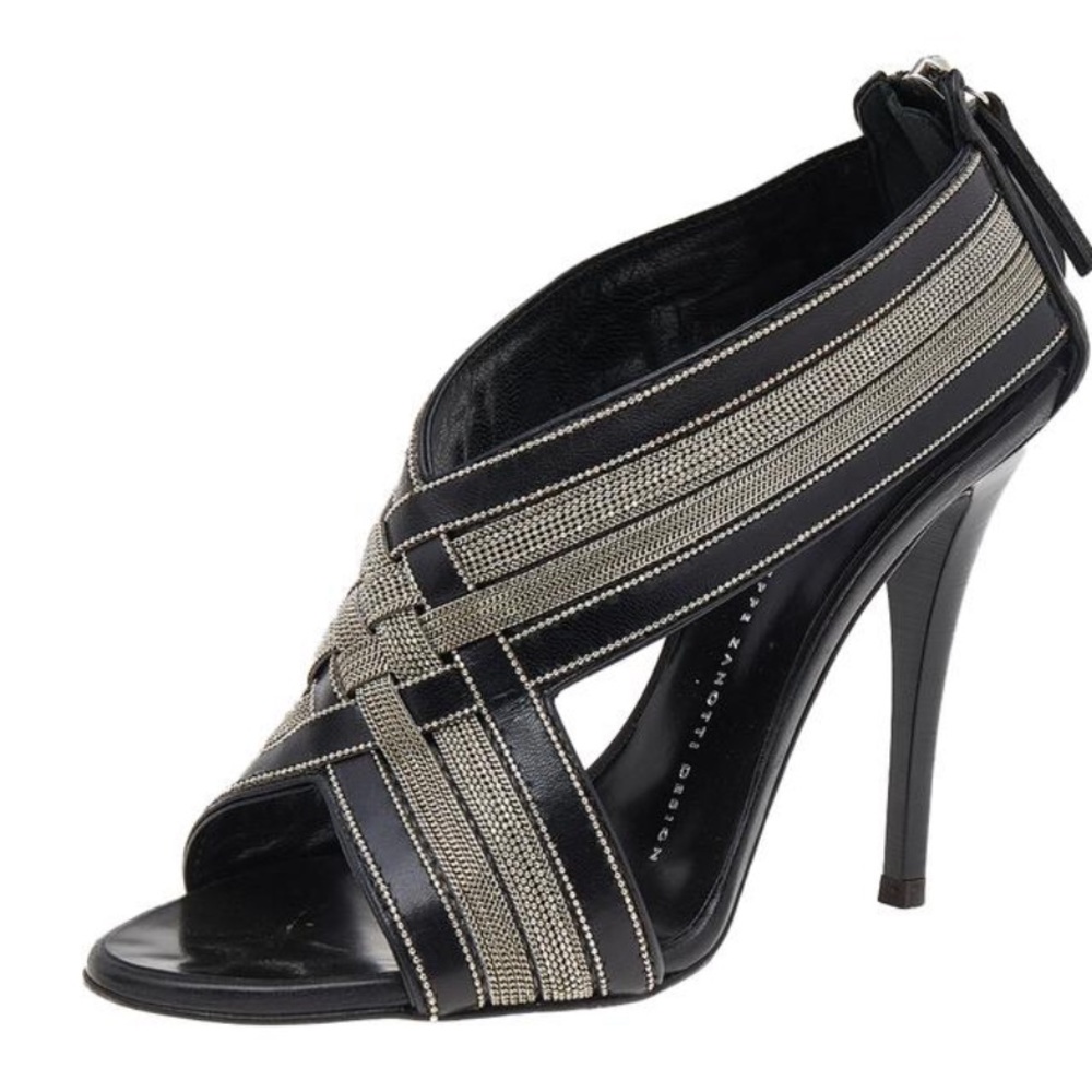 Giuseppe Zanotti Black Leather Chain Crisscross Sandals Heels